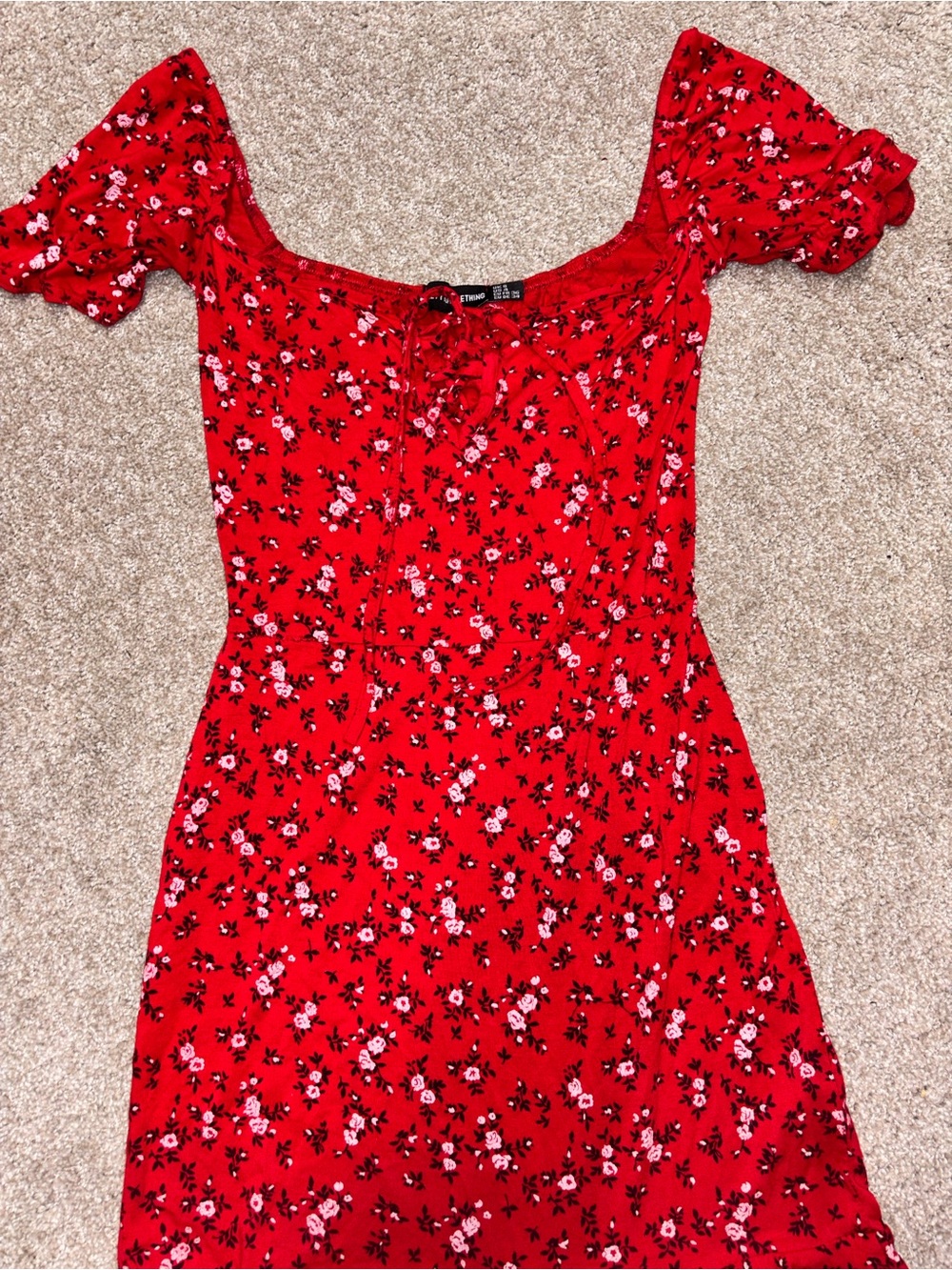 PrettyLittleThing Red Floral Off-Shoulder Midi Dress with Puff Sleeves